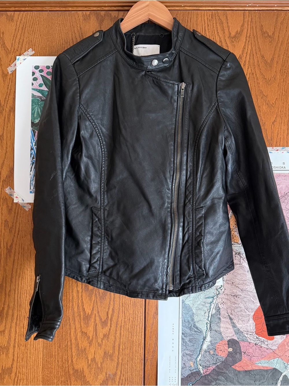 Muubaa Black Leather Asymmetrical Moto Jacket